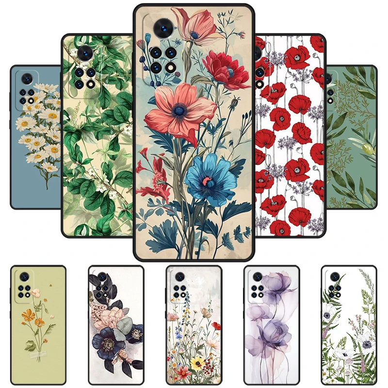 Botanical Drawings Flowers Phone Case For Redmi Note 11 EPro 11S 10 10T 9S Promax 8 Pro Xiaomi Mi 10 11 12X 12S Ultra Cover