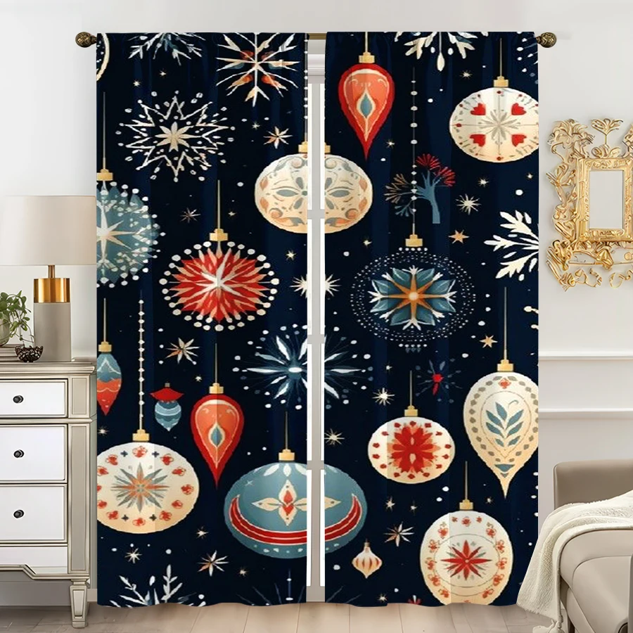 2PCS Digital Print Curtain, Retro Christmas Ornament Balls with Snowflakes and Stars on Dark Blue, Mid Century, for Window Decor