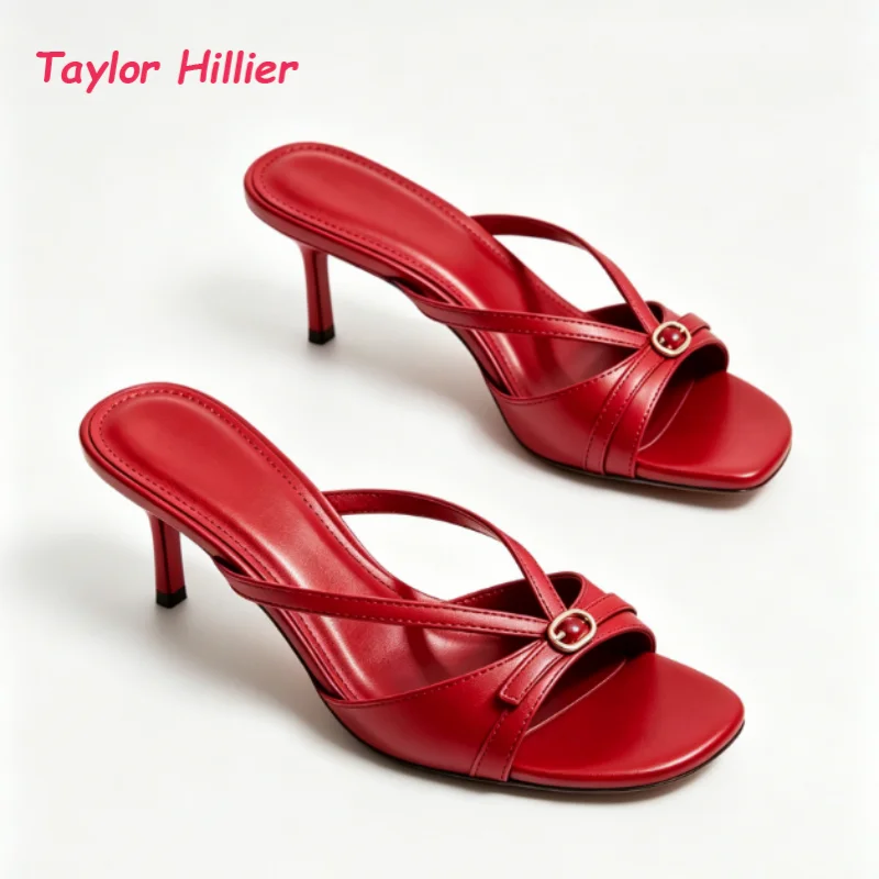 Cross Thin Strap Metal Buckle Kitten Heel Mule Women Fashion Square Toe Outdoor Summer New Stylish Commute Daily Casual Sandals