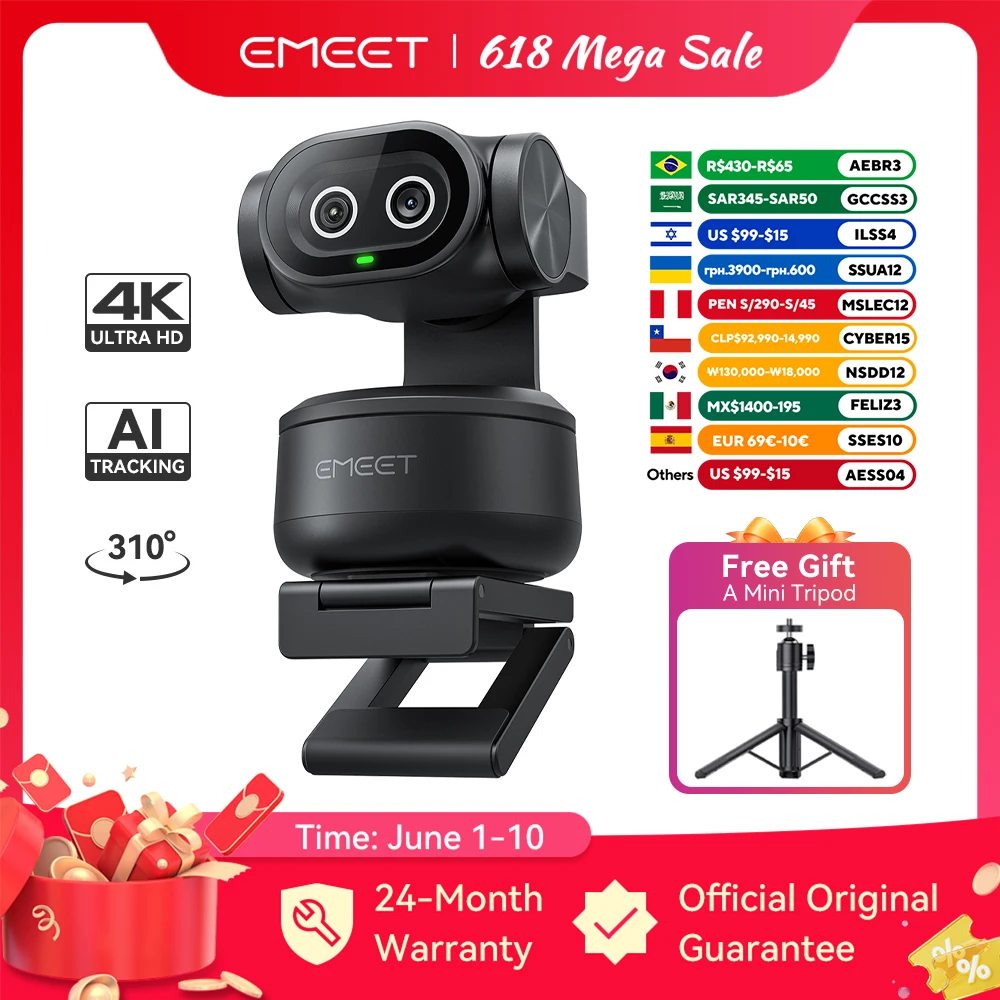 Webcam 4K PTZ EMEET PIXY, caméra vidéo à double objectif avec suivi IA pour le streaming, capteur Sony, contrôle gestuel, autofocus