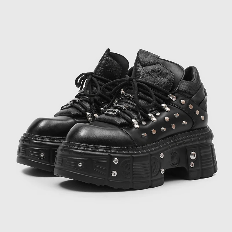 New Gothic Punk Men's Platform Shoes Fashion Black Leather Chunky Thick Sole Height Increase Lace Up Motorcycle Boots Size 38-46