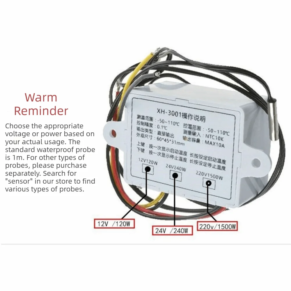 XH-W3001 Цифровой терморегулятор с LED-дисплеем 12В 24В 110-220В, термостат с NTC-датчиком и микрокомпьютерным управлением