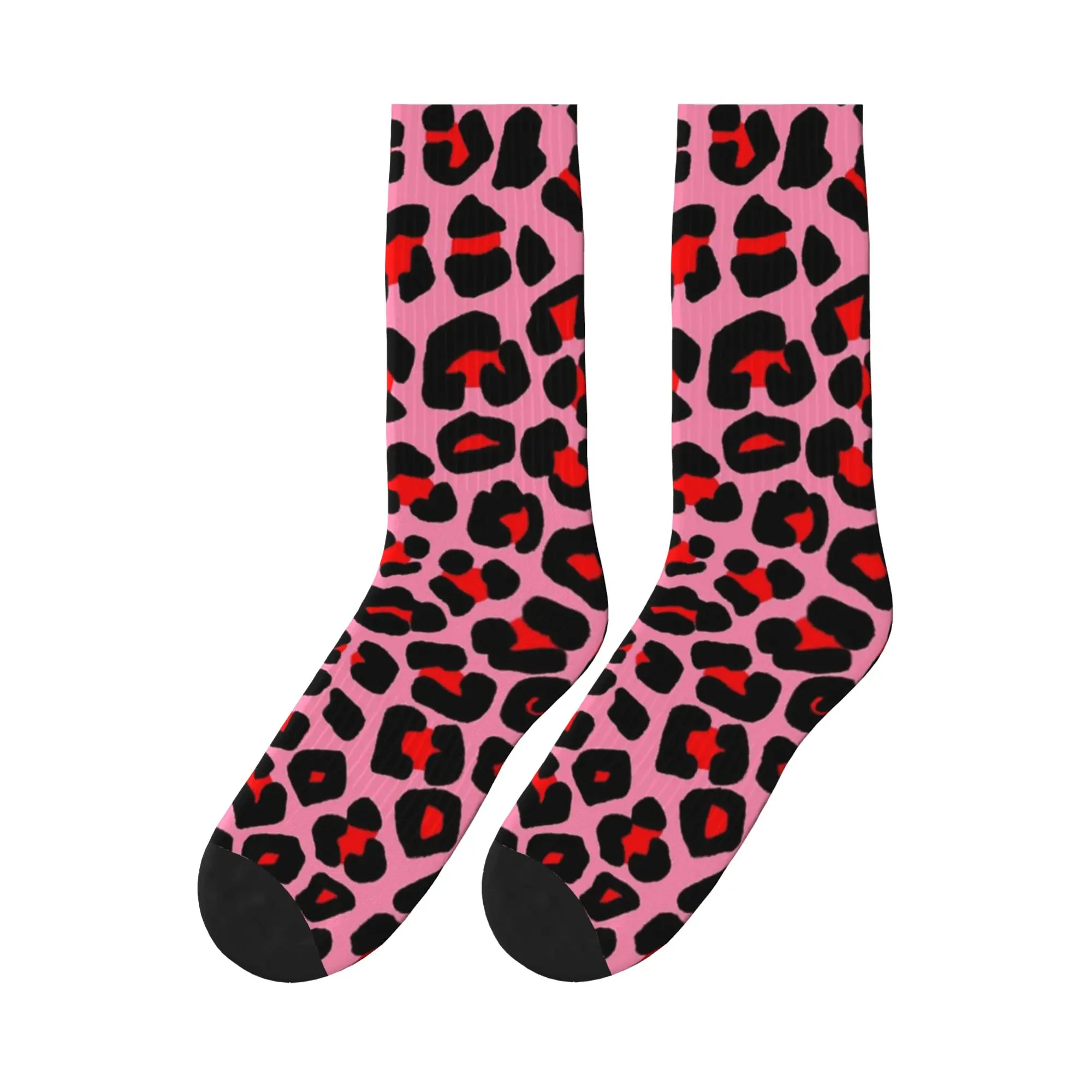 Red Leopard Print Spots on Pink Sports Socks High Quality Stockings All Season Long Socks for Man's Woman's Gifts