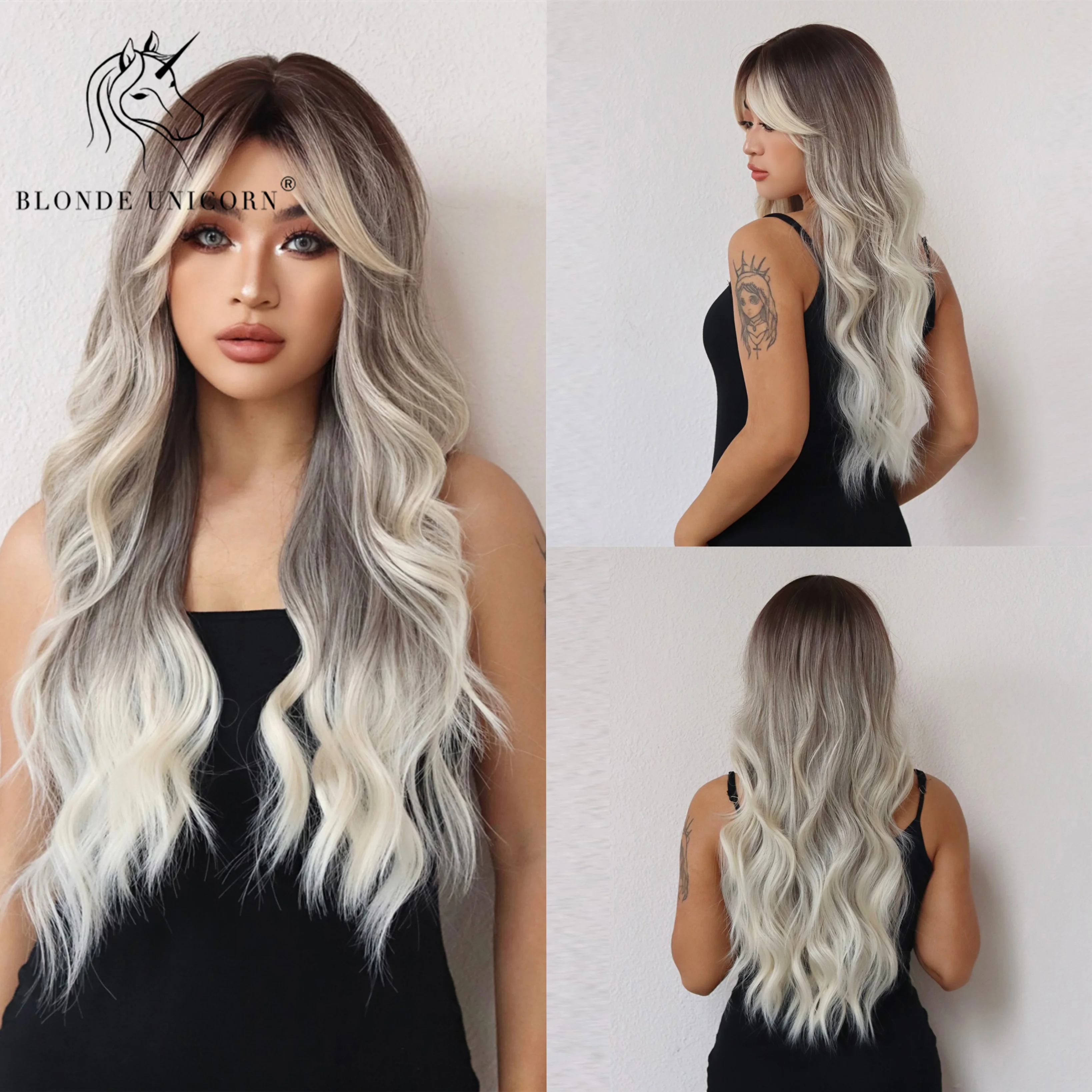 

Blonde Unicorn Long Wavy Wigs with Bangs Synthetic Ombre Brown Blonde Wigs Cosplay Party Use Heat Resistant Fiber for Women