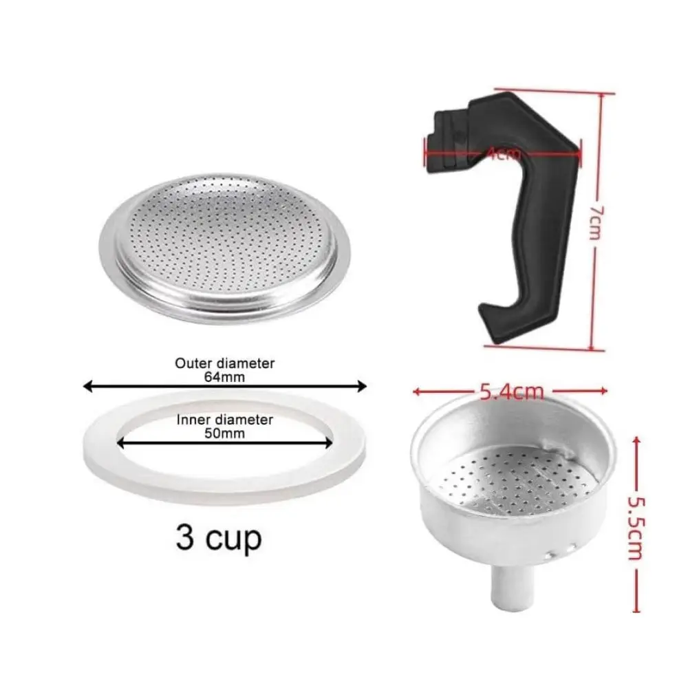 Aluminum Moka Pot Spare Parts Kit For 3 Cup Coffee Maker Replacement Filter Funnel Silicone Gasket Handle Repair Set