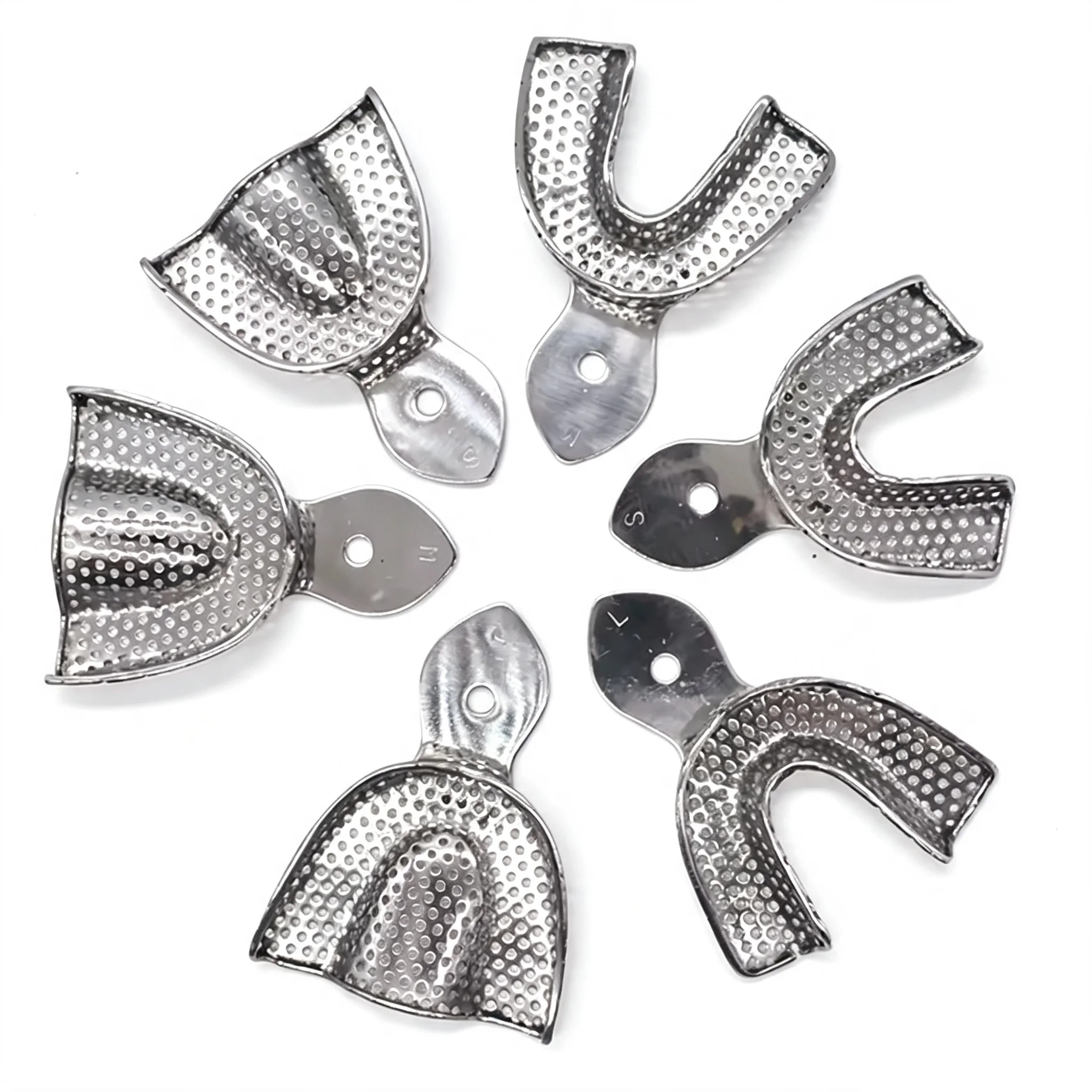 6pcs/set Dental Stainless Steel Impression Tray with Holes Upper Lower Teeth Holder Dental Impression Buckets Dental Tools