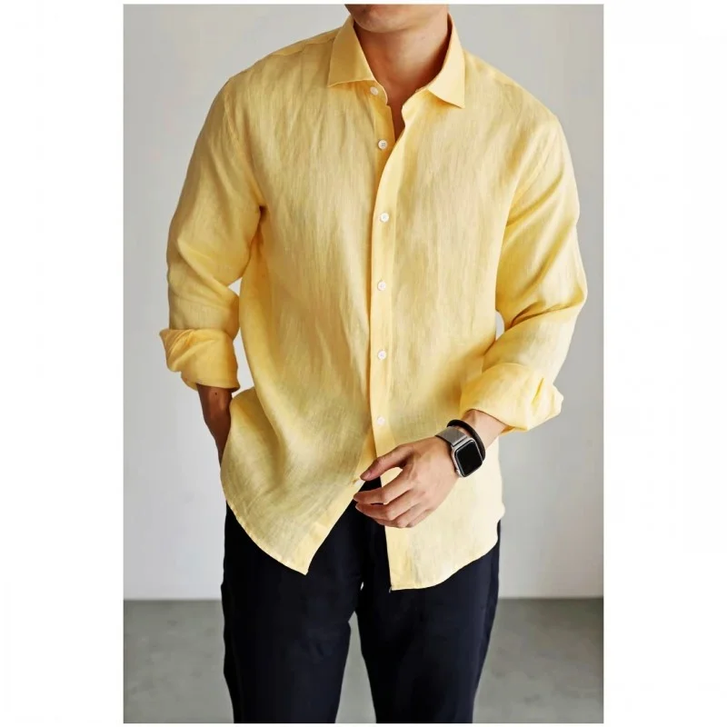 Italian High-End 100% Linen Long Sleeve Men's Shirt Lightweight Breathable Skin-friendly Fashionable Casual Style Pure Color