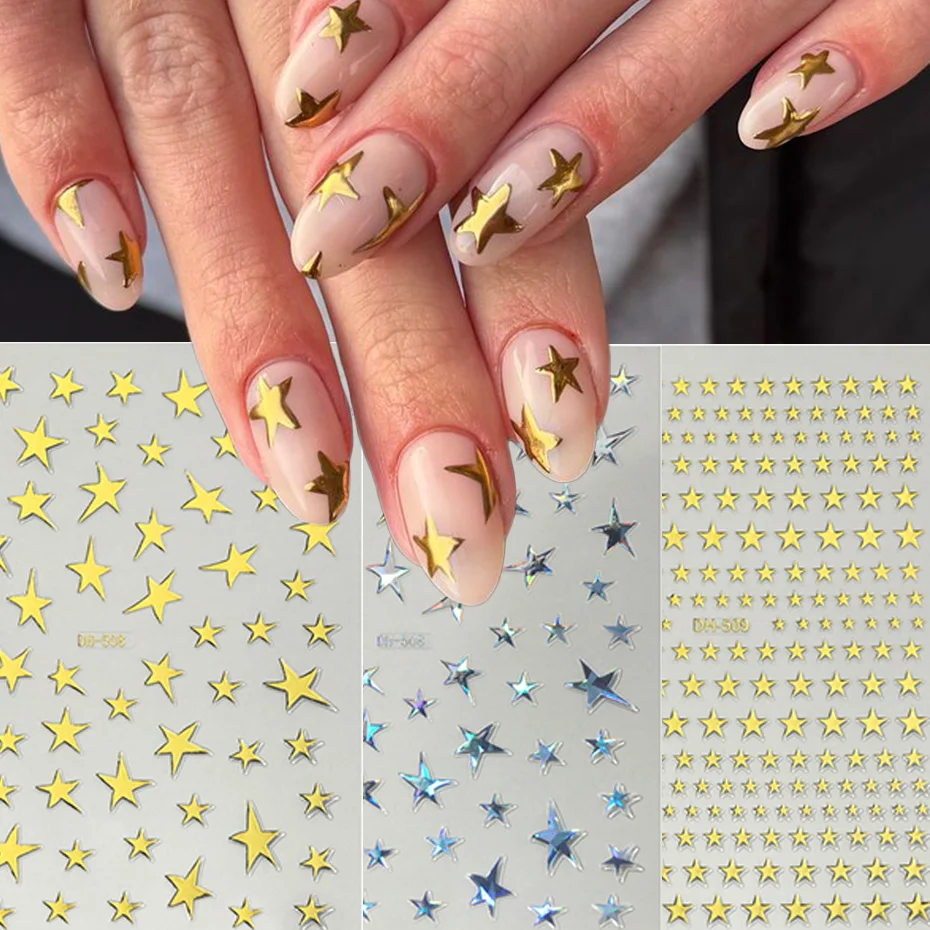 Sparkling Golden Laser Star Nail Sticker - 3D self-Adhesive Decals Different Size Five-Pointed Star Stickers for Manicure Tips