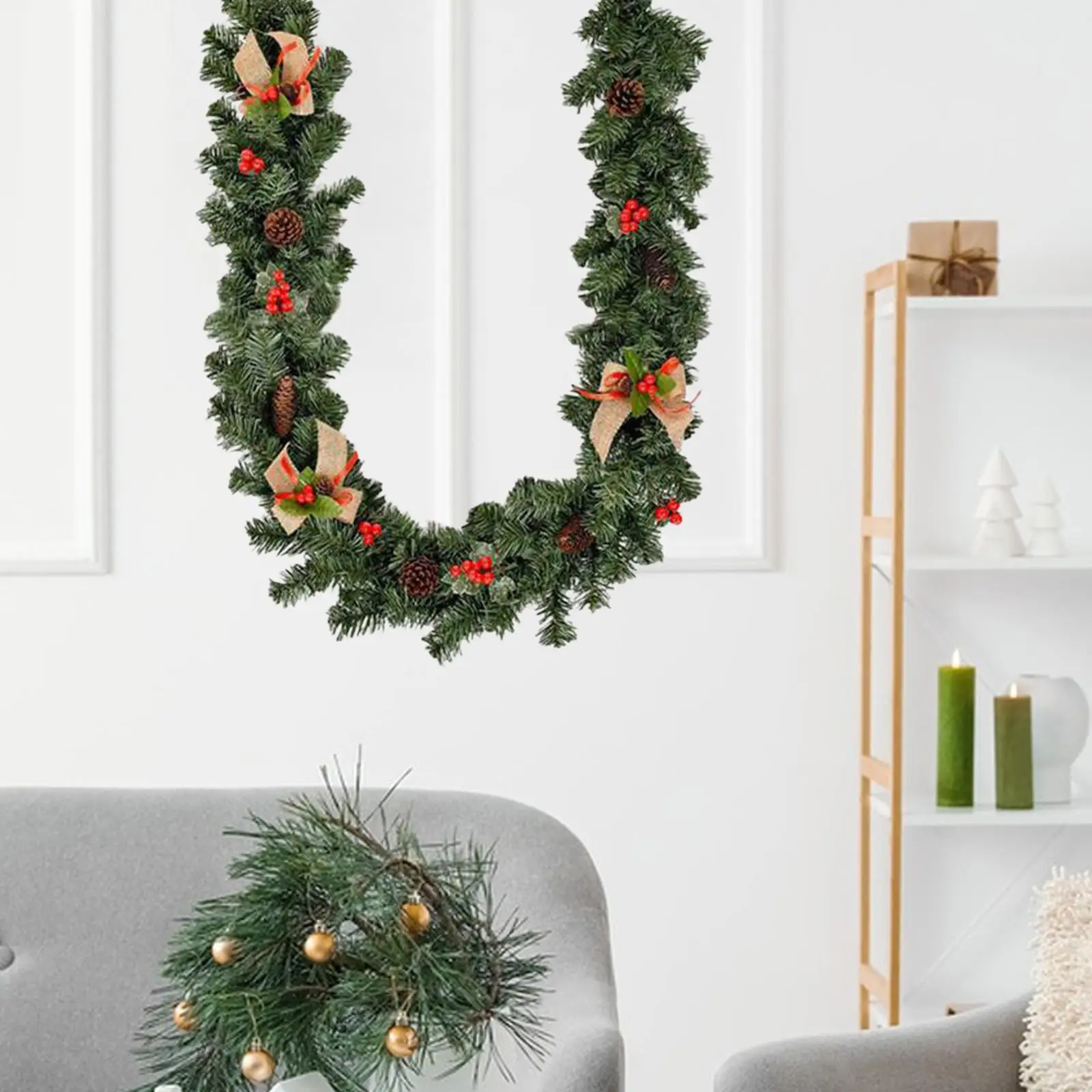 Artificial Christmas Garland 5.9 Feet Long Decorated with Pine Cones Berry Clusters for Party Fireplace Stairs Railing Staircase