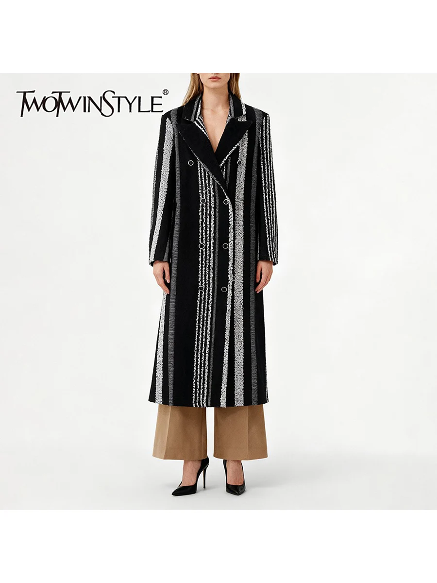 

TWOTWINSTYLE хитовые цвета, свободные полосатые модные пальто для женщин, лоскутное двубортное пальто с лацканами и длинными рукавами, женское