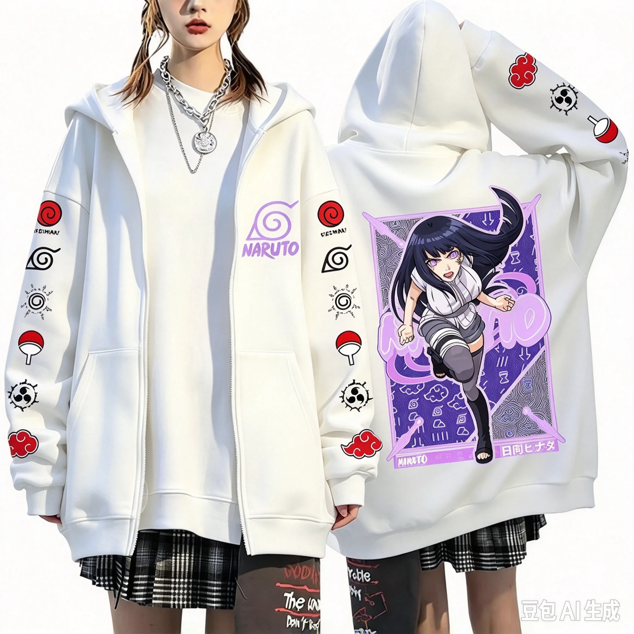 26/27 Naruto Hinata Cartoon Print Zip Up Hooded Jacket Oversize Streetwear Unisex Outerwear FamilyMatching