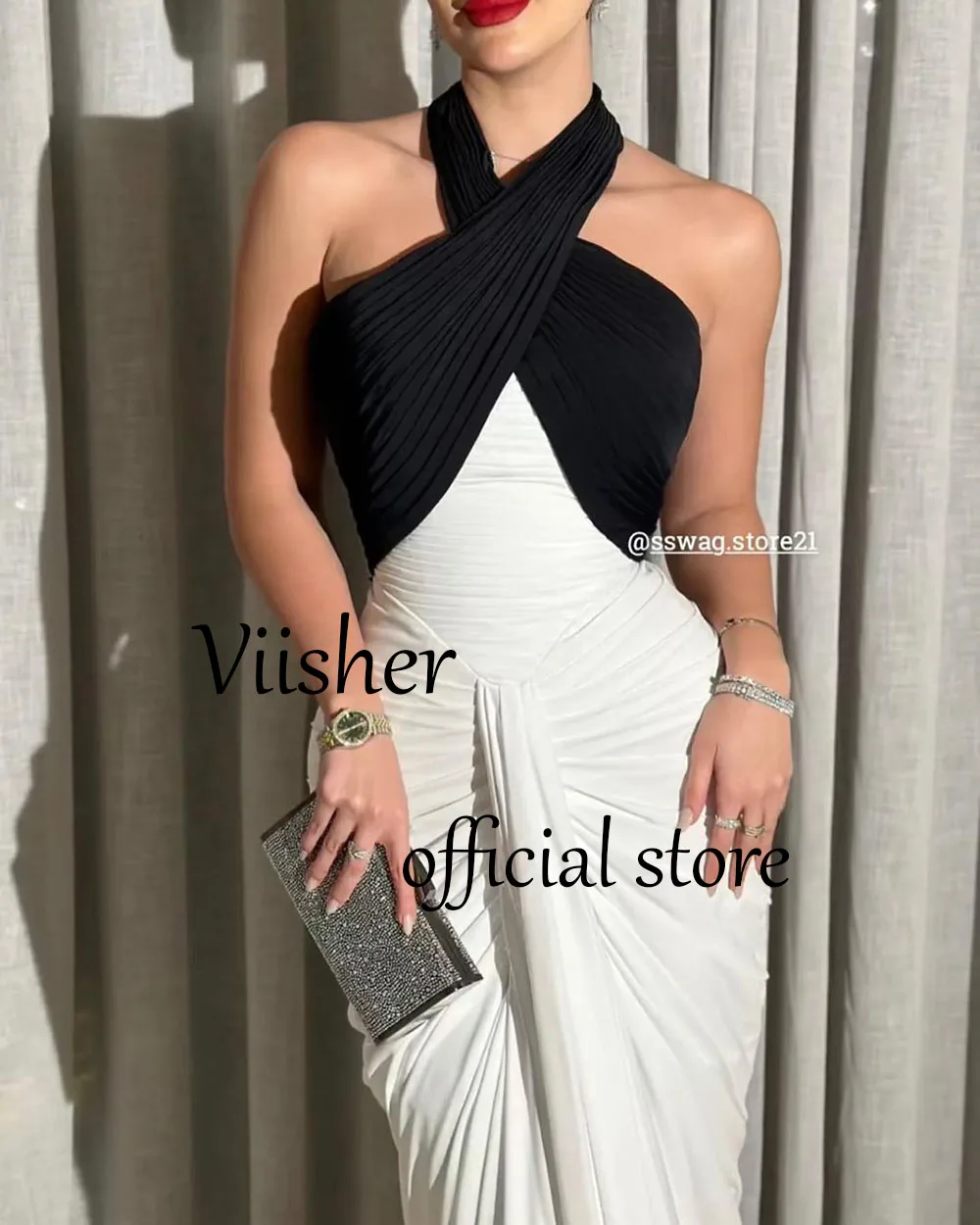 Gaun malam putri duyung hitam putih gaun pesta malam panjang lantai gaun Prom Formal Dubai Arab Halter sifon lipit