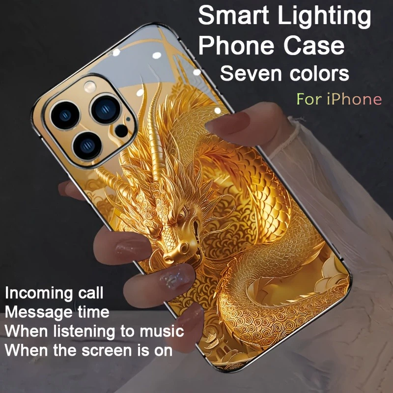Golden Dragon Luminous Phone Case For iPhone 18 Ultra 17 Air 16 E 15 14 13 12 11 Pro Max XR X LED Light Glass Shockproof Cover