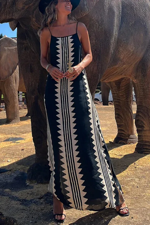 

Geometric Patterns Backless Sling Dresses Casual Sleeveless Loose Midi Dress Robe 2023 Summer Fashion Beach Long Dress Vestidos