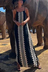 Geometric Patterns Backless Sling Dresses Casual Sleeveless Loose Midi Dress Robe 2023 Summer Fashion Beach Long Dress Vestidos
