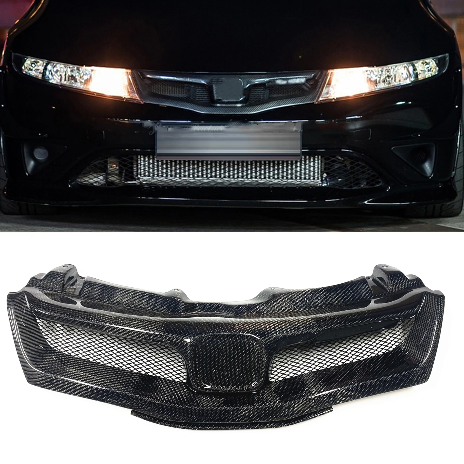 

For Honda Civic FN FK FN2 TYPE R 2006-2012 Front Grille Racing Grills Carbon Fiber Car Upper Bumper Intake Hood Mesh Grid Trim