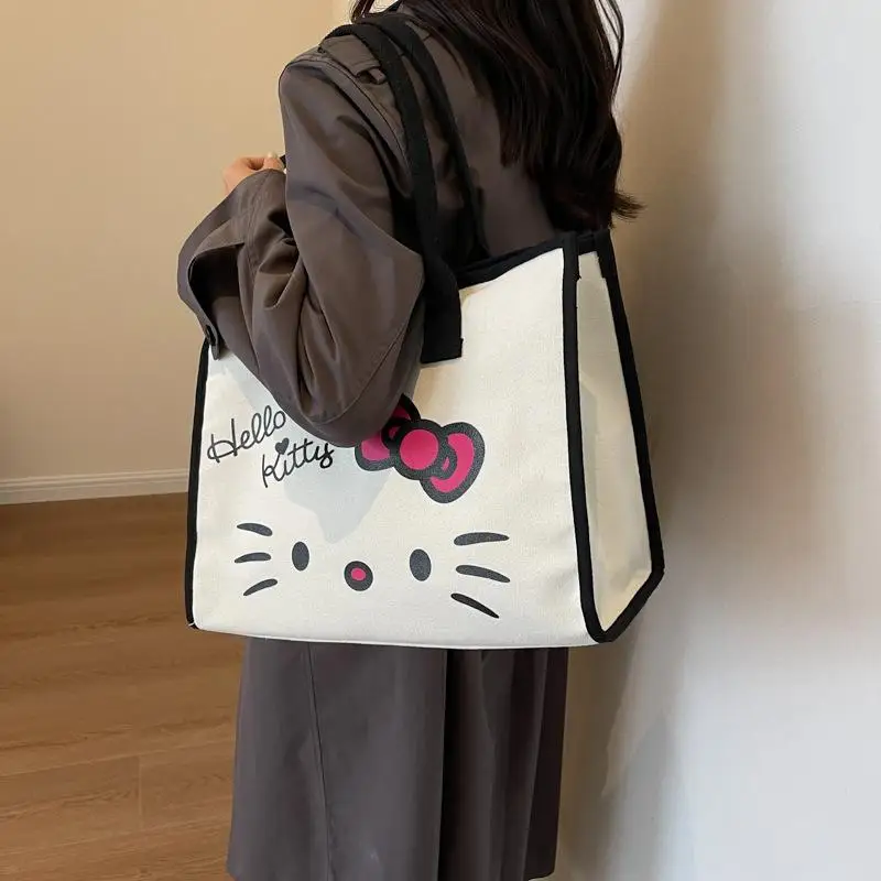 Hello Kitty Canvas Large Capacity Handbag Kawaii Sanrio Cartoon Lightweight Crossbody Bag Anime Cute Girl Travel Storage Bag