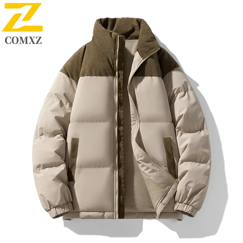 Jaket Katun Pasangan Tren Mantel Katun Kerah Berdiri Hangat Tebal Tahan Dingin Pakaian Musim Dingin Kasual Luar Ruangan Mantel Ritsleting Bawah