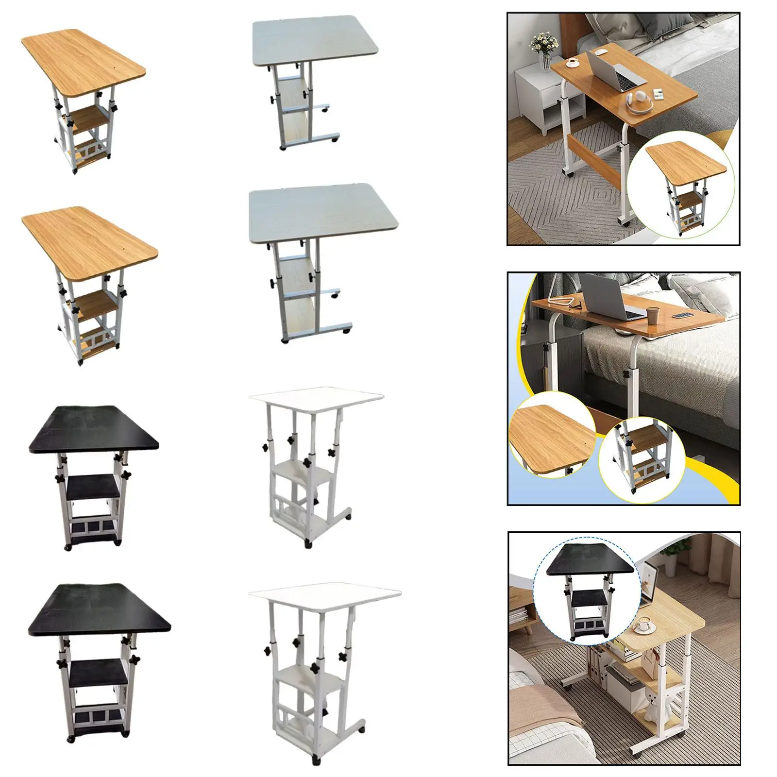 Portable Bedside Table with Wheels Height Adjustable Durable Desk for Living Room Bedroom Study Space