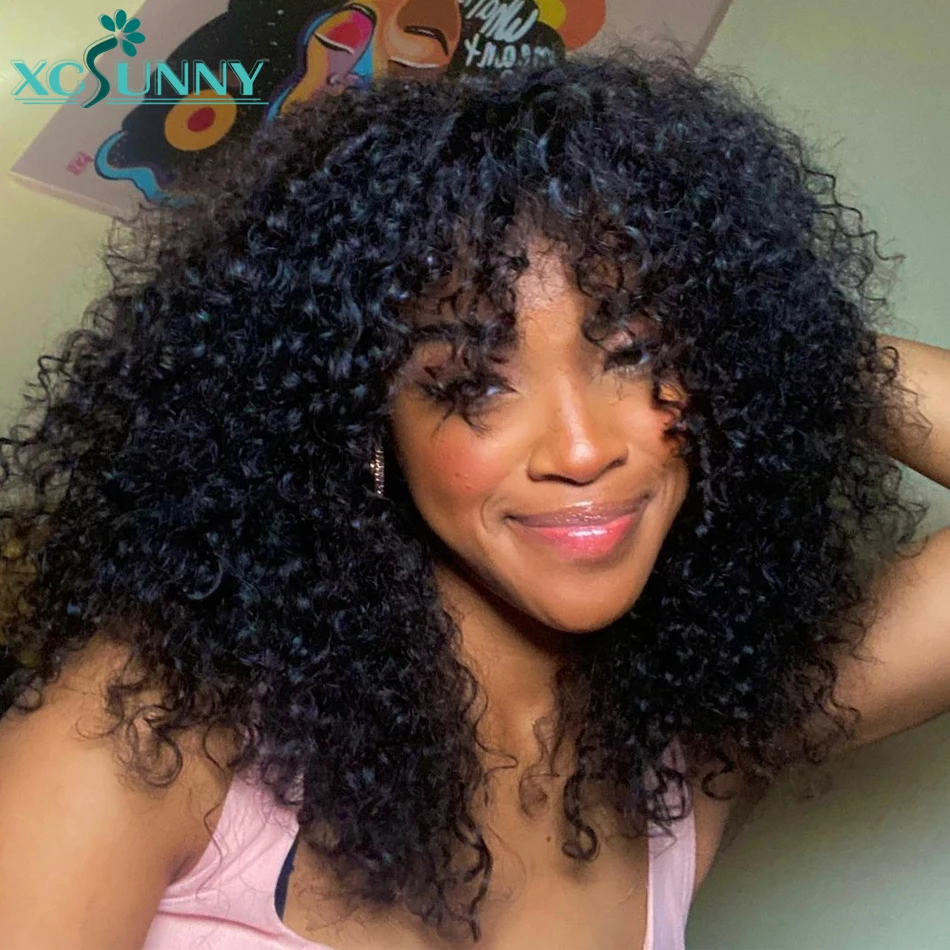 Curly Human Hair Wigs With Bangs Deep Wave Bang Wig Human Hair 180 Density Machine Made Wig Remy Brazilian Xcsunny