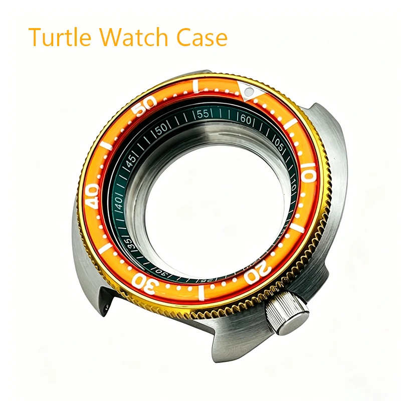 Gold Bezel 44mm Turtle Watch Cases Transparent Back Cover Fits Seiko Abalone 6105 NH36 NH35 Movements Watch Case