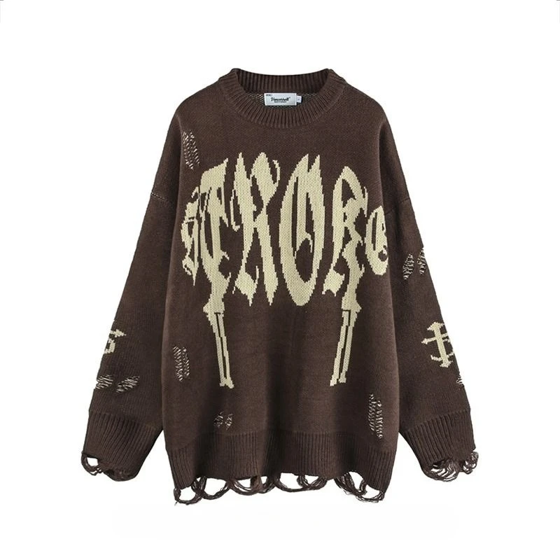 

Vintage Hole Gothic Pullovers Pi Shuai Sweater Letter Jacquard Men's and Women's High Street Couple Loose Lazy Knitted Sweater