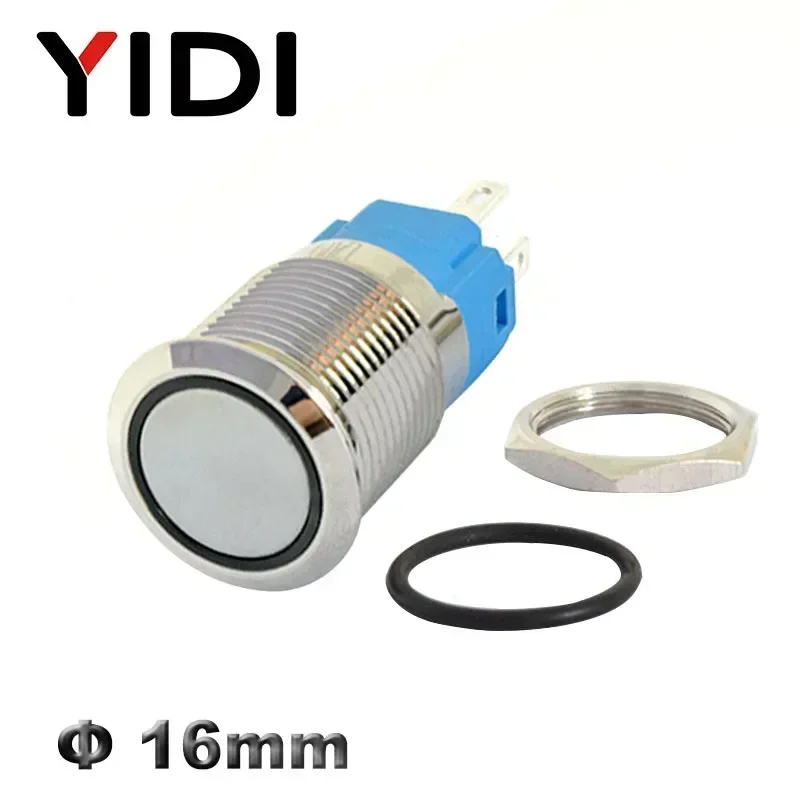 Kunden spezifische 16mm LED beleuchtete flache Metall Druckknopf schalter ein aus Verriegelung 1 no1nc momentan 12V 220V rot grün LED-Schalter