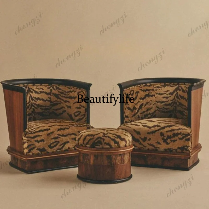 A74 medieval solid wood single sofa chair round stool retro solid wood fabric sofa stool pedal