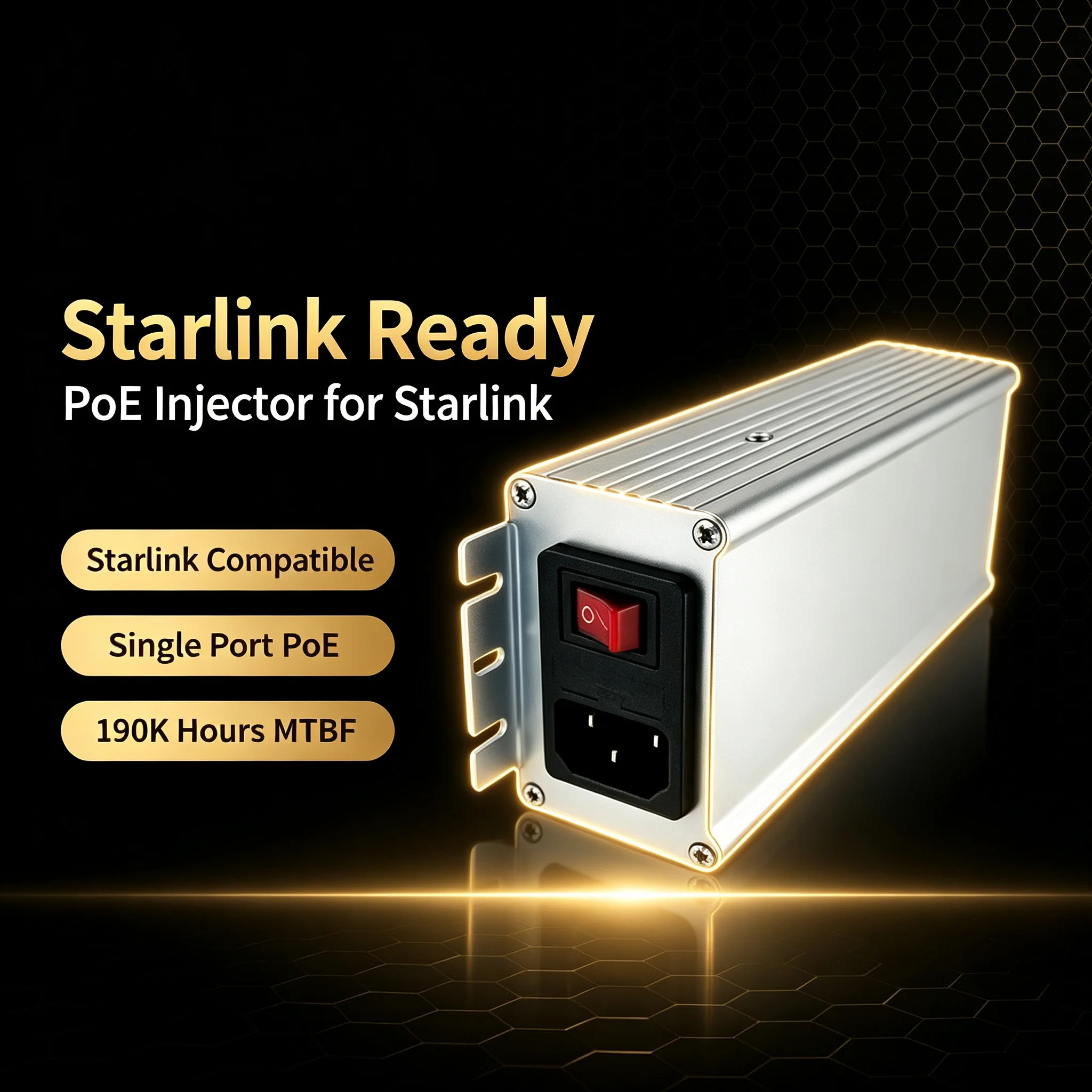 10G POE Injector for Starlink Gen2/Gen3/V5 Alloy Housing IP40 56V POE+ 12V DC Output 110-240Vac Input High-Speed Ethernet Networ