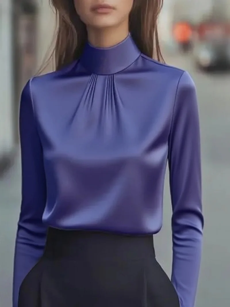 بلوزة نسائية أنيقة سادة أنيقة يومية أنيقة برقبة عالية وقمصان عادية