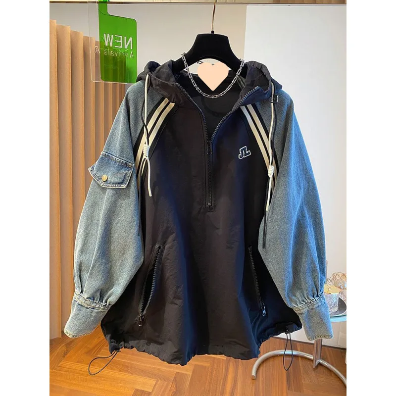 

Уличная одежда с длинными рукавами, женская осенняя одежда 2025 года, пуловеры с капюшоном и полумолнией, джинсовые лоскутные повседневные свободные стильные пуловеры