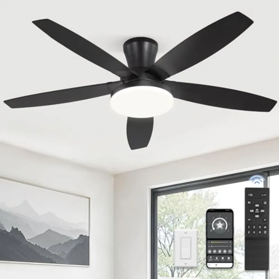 Bedroom and patio ceiling fan: black flush mount, 48 inch, quiet DC motor, dimmable LED light, remote/APP control, modern low p