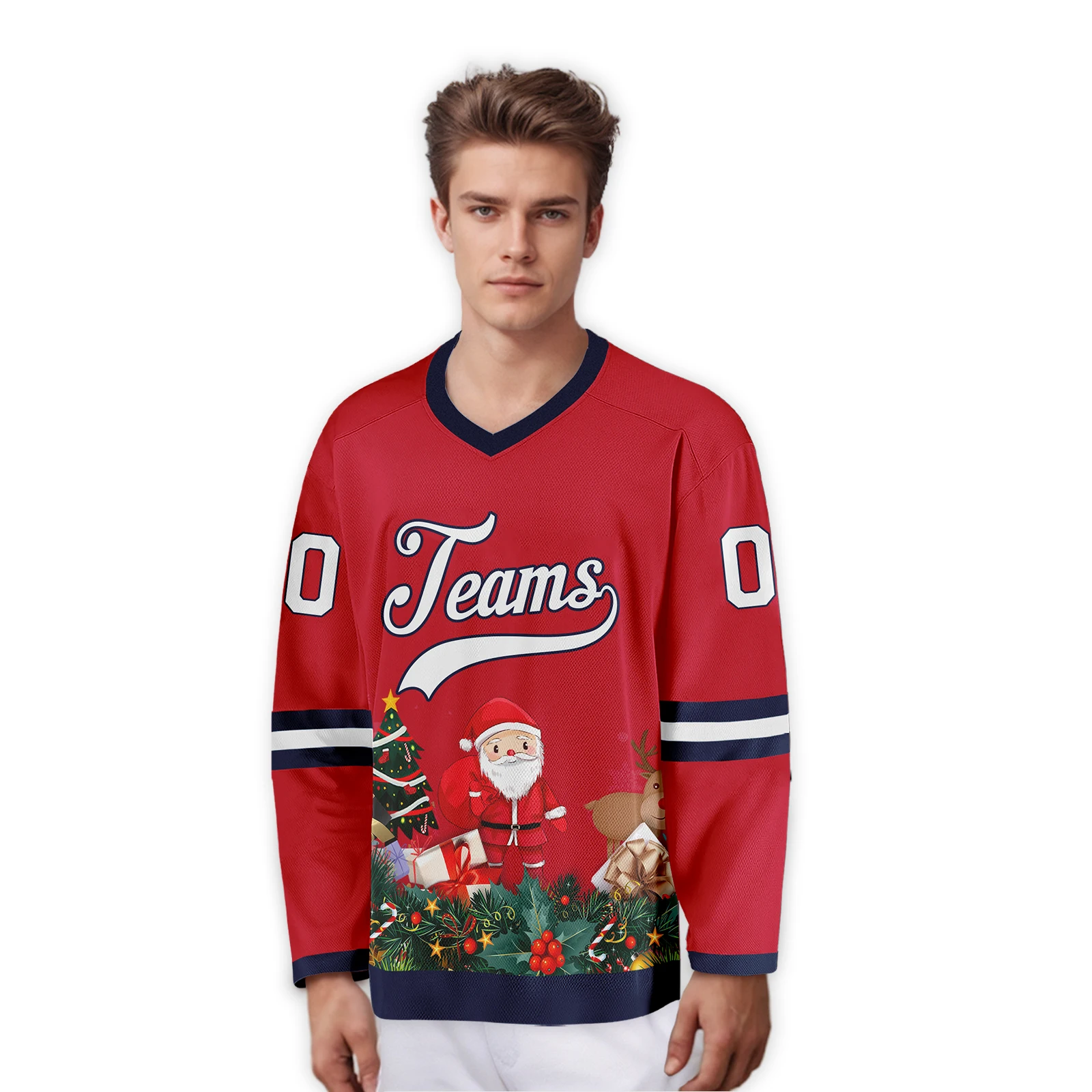 Red-Navy Personalized Christmas Hockey Jerseys with Team Name Number Custom Santa Hockey Shirt Men Women Youth Kids Gifts