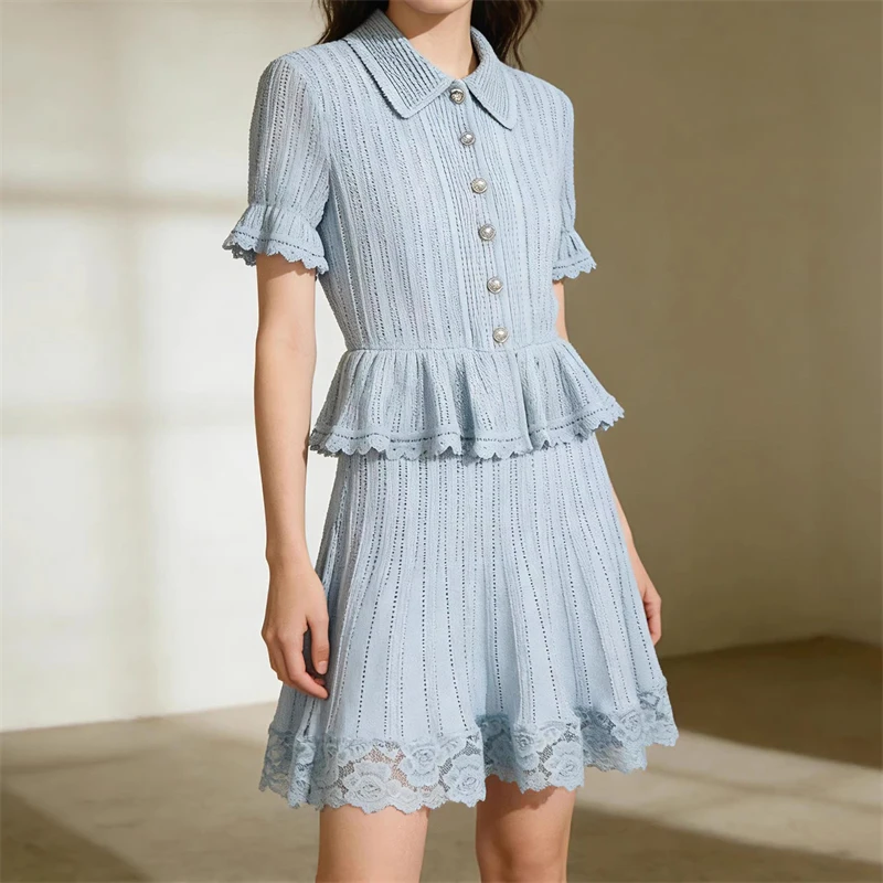 

Summer New Flip Collar Lace Trim Waist Cinched Slim Fit Knitted Short Sleeve Dress High Quality Fashion Casual A-Line Skirt