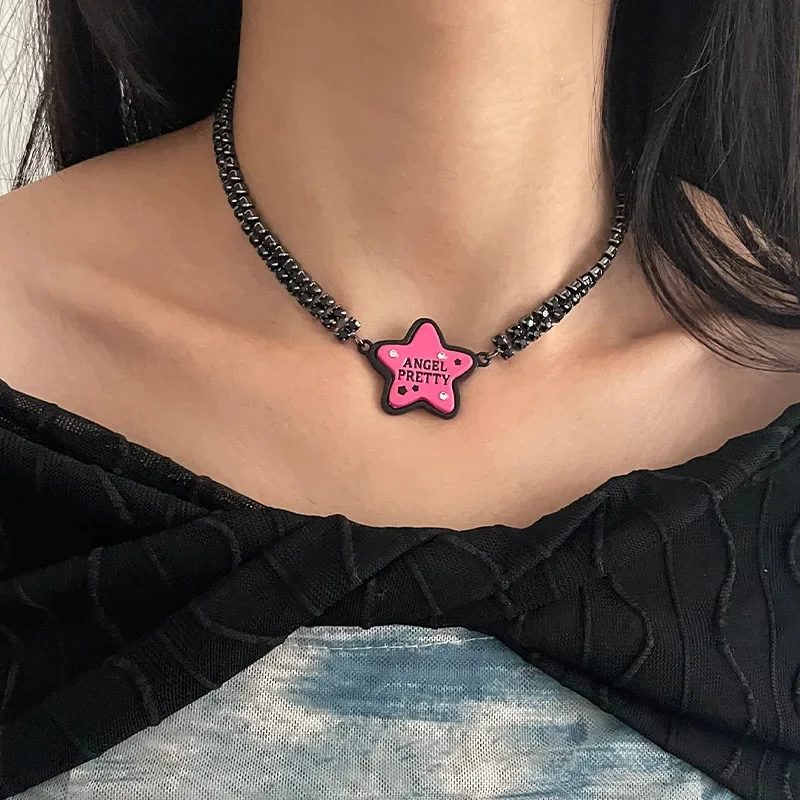 Trendy Cool Pink Star Letter Print Necklace Pendant For Women Wedding Party Fashion Punk Black Clavicle Chain Necklace Jewelry