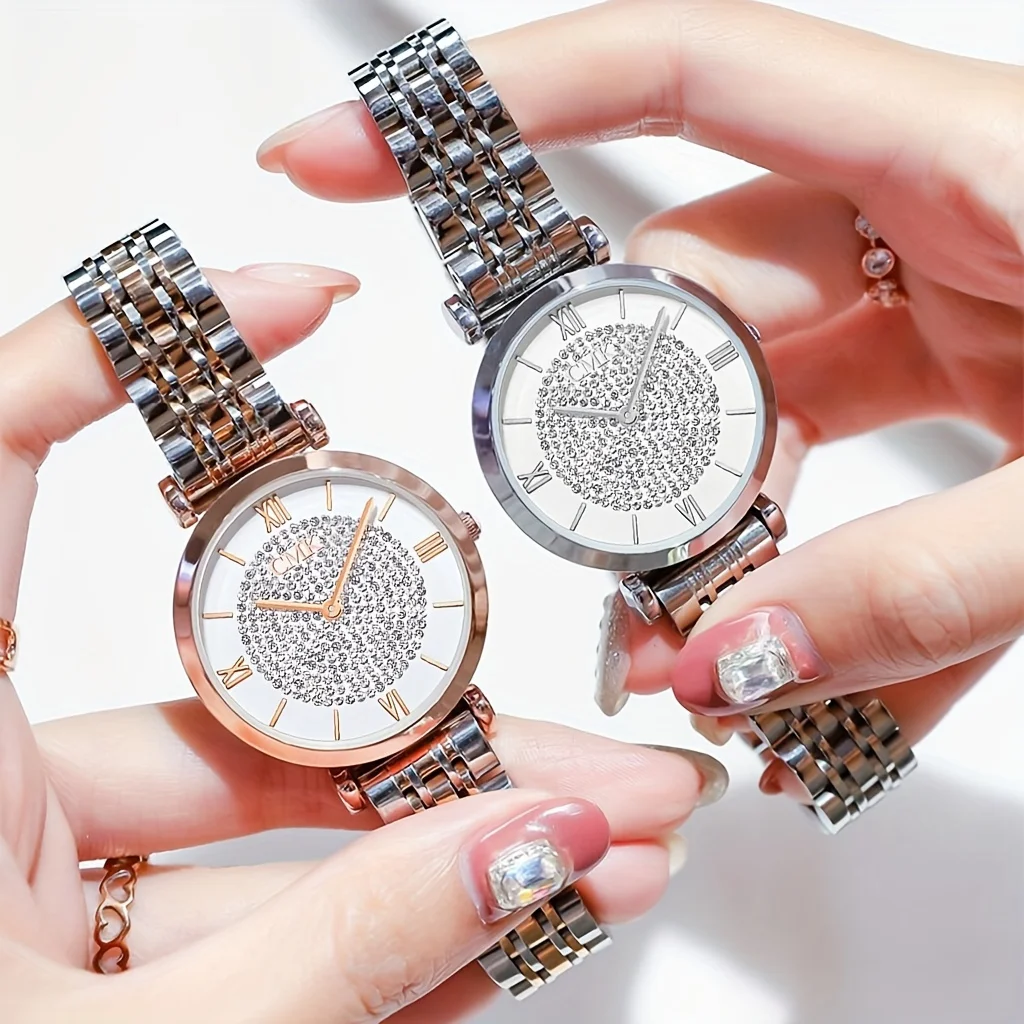 Luxurious Vintage Roman Numeral Dial Quartz Watch with Round Pointer & Rhinestone Decorations & Stainless Steel Band