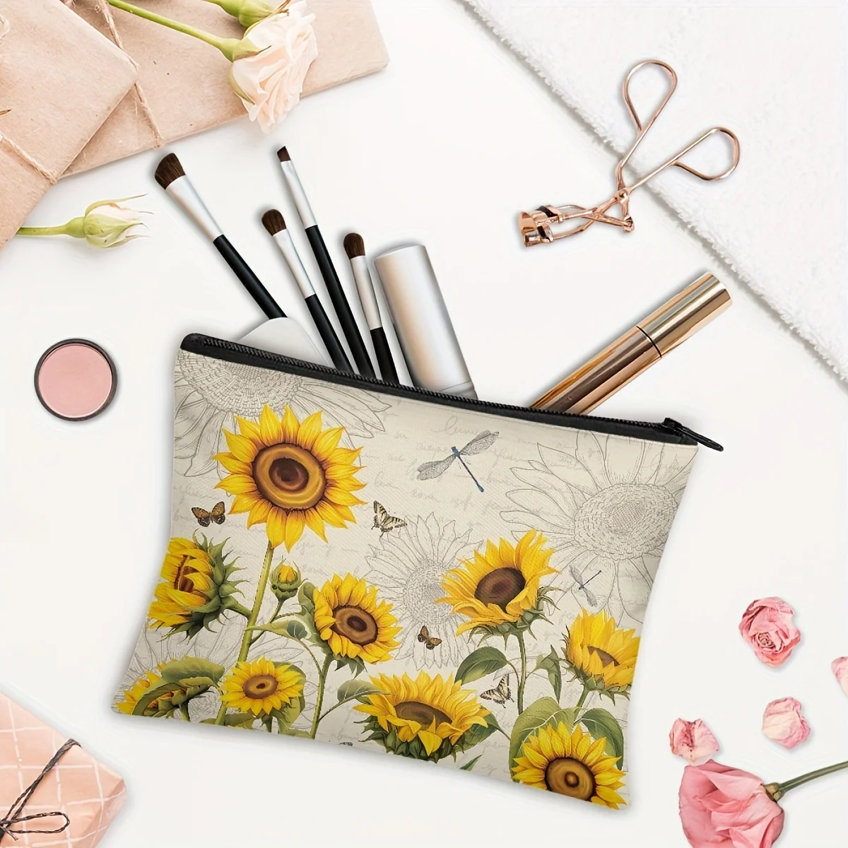 Borsa per il trucco in tessuto di lino con stampa girasole borsa per cosmetici da viaggio con pochette con cerniera per borsa da donna