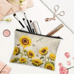 Borsa per il trucco in tessuto di lino con stampa girasole borsa per cosmetici da viaggio con pochette con cerniera per borsa da donna