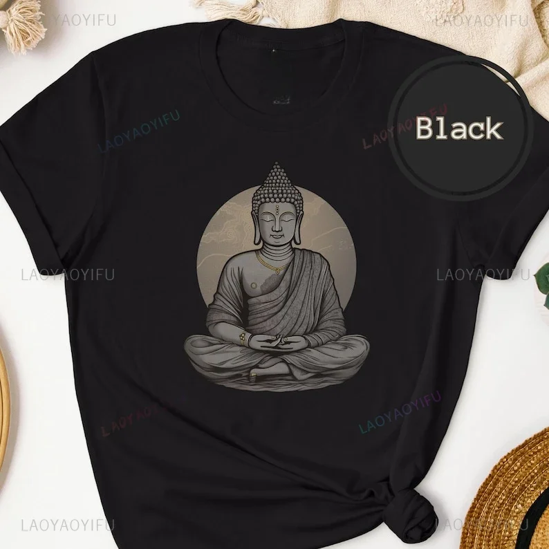 Eternal Buddha Printed T-shirt Vintage Yoga Buddhist Buddhism Yoga Peacefor Wife Gift for Girlfriend Best Friend Woman Cotton