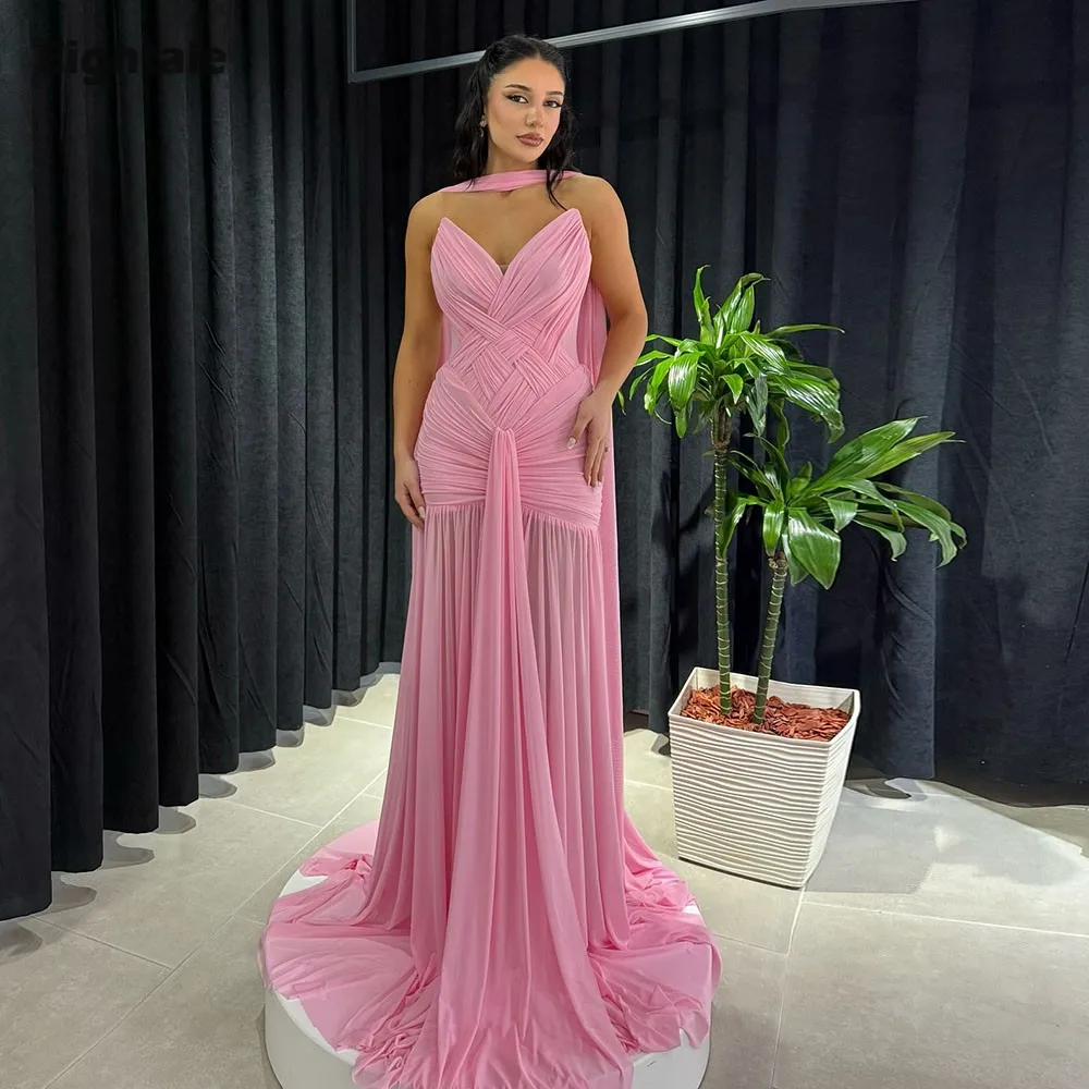 

Eightale Arabic Evening Dress V-Neck Pleats Chiffon Mermaid Pink Muslim Sexy Prom Wedding Party Gown