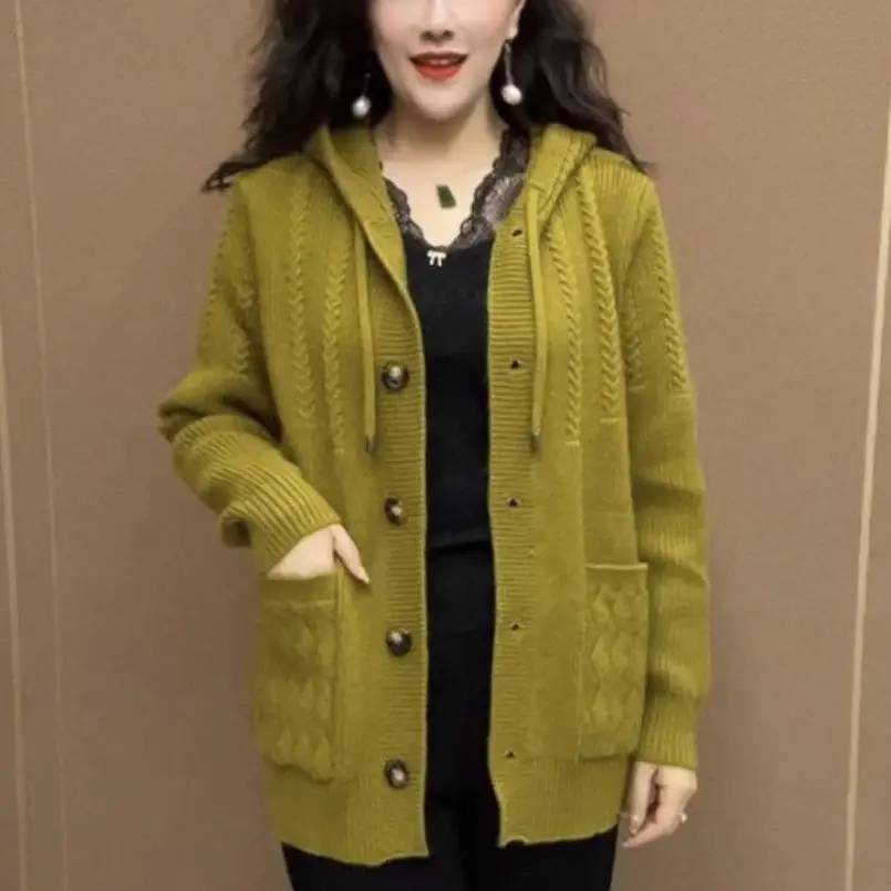 

Women Cardigan Sweater New Spring Autumn Solid Jacquard Hooded Knitted Sweater Mother Single Breasted Cardigan Jacket Size M-5XL