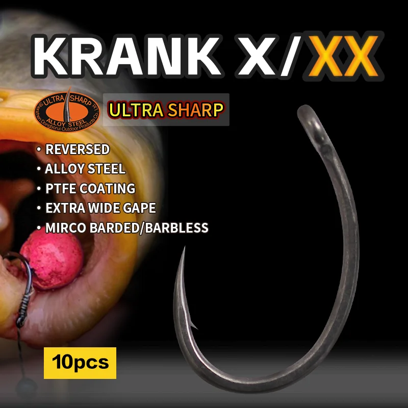 10PCS Carp Fishing Accessories Krank X Hook Mirco Barded/Barbless EXTRA Extra Wide Gape Reversed Alloy Steel  Fishhooks Tackle