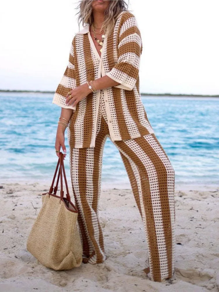 Spring Casual Holiday Vertical Stripe Knitted Outfits Women Wide Leg Lapel Hollow Out Two Piece Set Summer Suits Beach Pant Sets