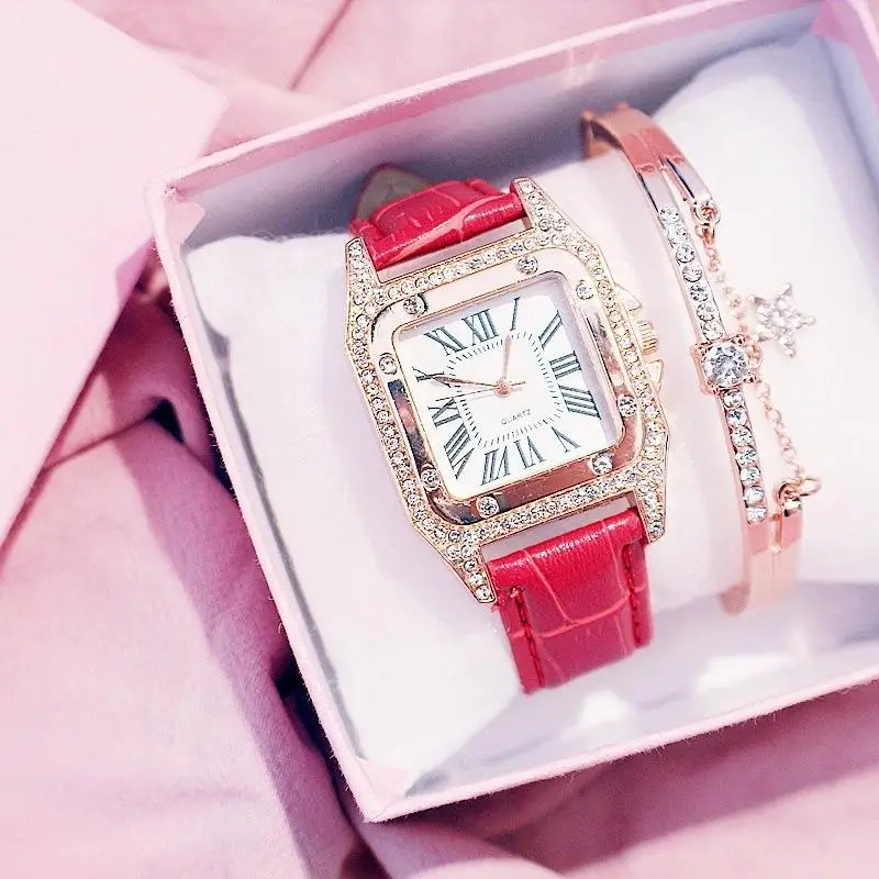 Women's watches trend fashion square case ladies quartz watch square diamond belt small square watch wristwatch set