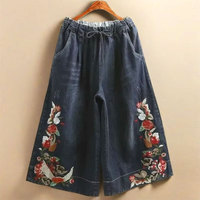 Indie Folk Embroidery Denim Vintage Elastic High Waist Loose Wide Leg Women's Pants Calf-Length Pants For Women Clothing Fashion