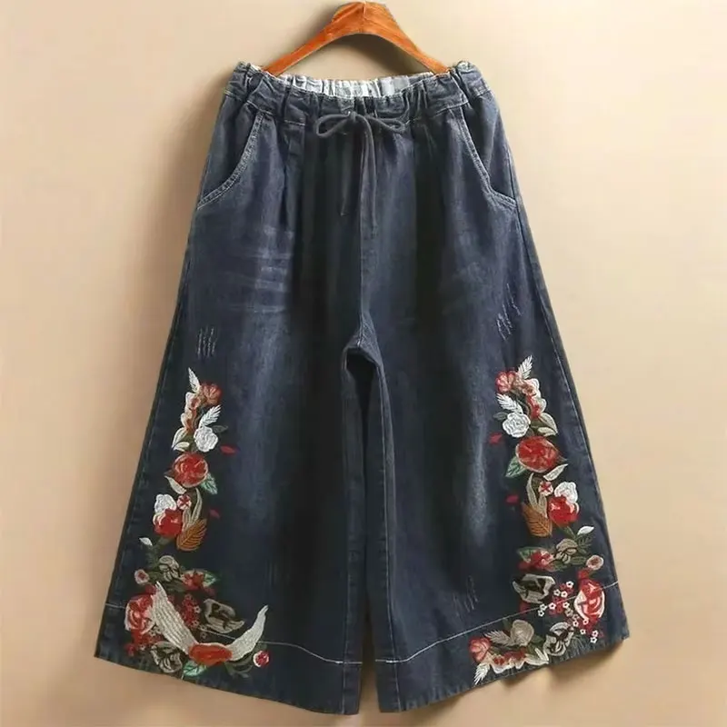 Indie Folk Embroidery Denim Vintage Elastic High Waist Loose Wide Leg Women's Pants Calf-Length Pants For Women Clothing Fashion