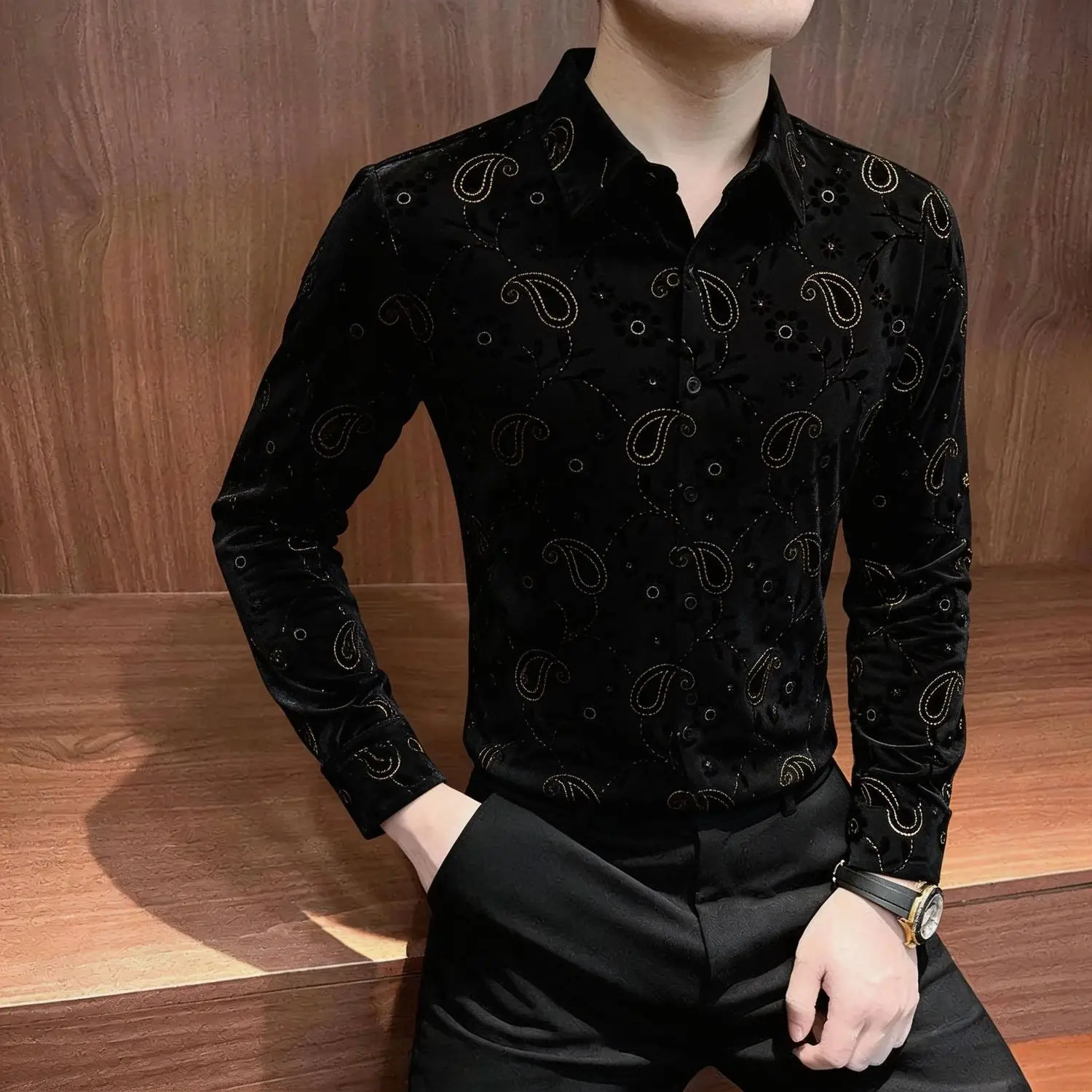 

Мужская повседневная трикотажная рубашка с длинным рукавом, приталенного кроя, в деловом стиле, модная, весенняя, высокого качества, с золотистым цветочным узором, Cleanfit Sle Knit