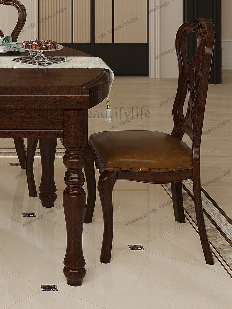 American rural retro dining chair simple solid wood leather seat bag back chair