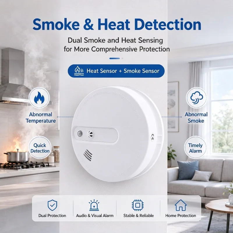 Wireless 433MHz Smoke and Heat Detector Indoor Fire Alarm Independent Combined Smoke Temperature Sensor