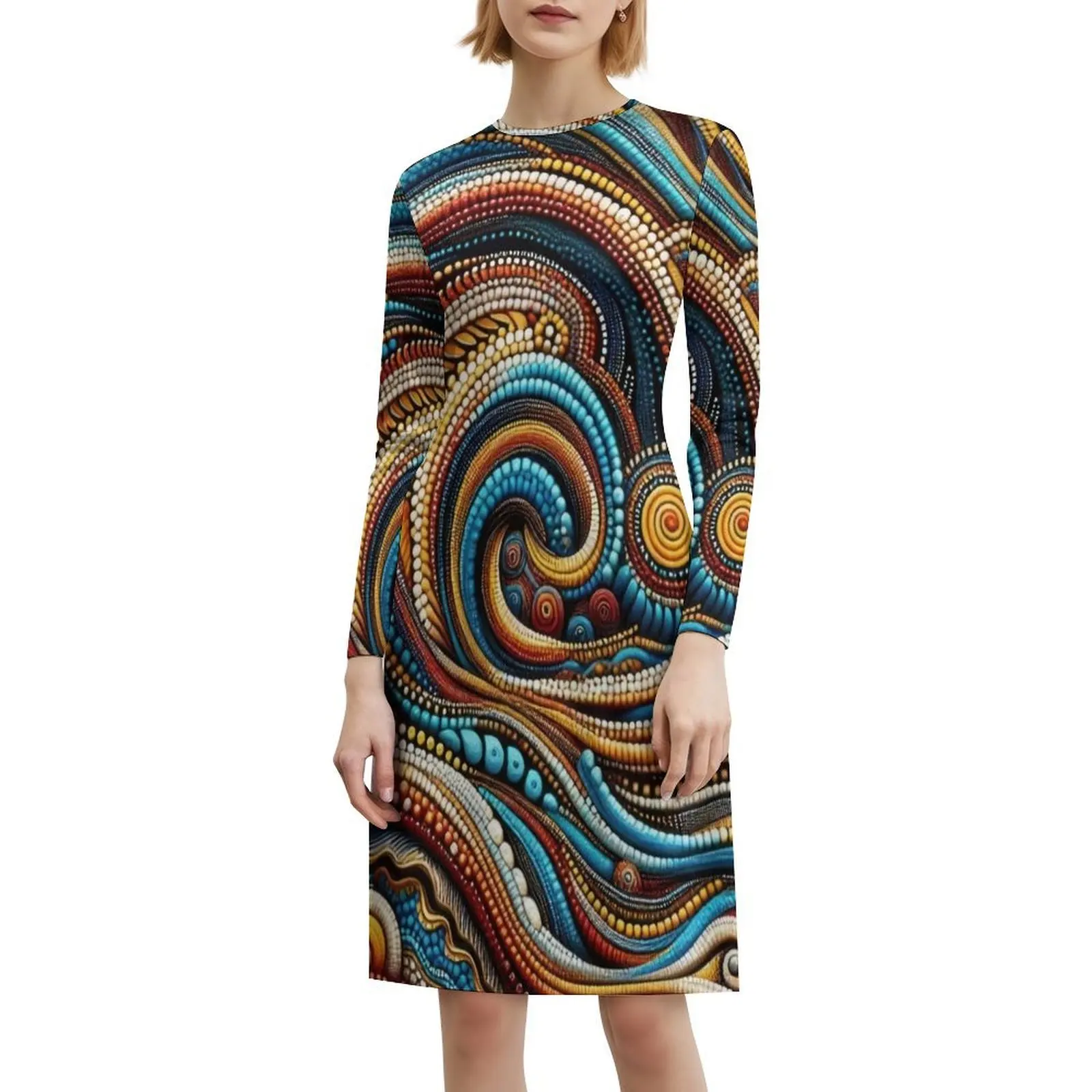 موجات مجردة. نمط اللوحة المنقطة. فستان بوهيمي عتيق من السكان الأصليين بأكمام منتفخة أو خيارات بلا أكمام لفستان النساء